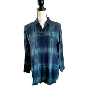 J. Jill Green & Blue Soft Plaid Button-Front Long Tunic Top Long Sleeves XS